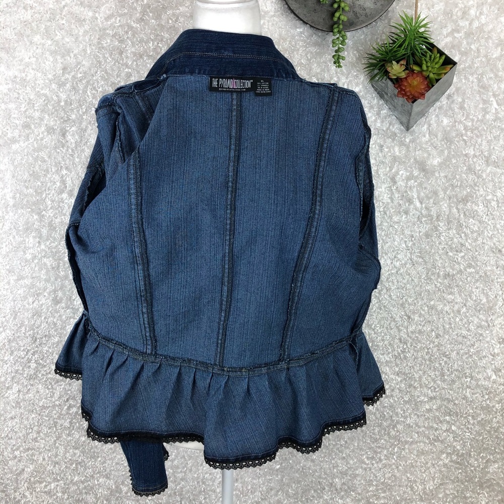 The Pyramid Collection Two-Tone Blue Denim Peplum Jacket with Ruffle Collar - Picture 6 of 9